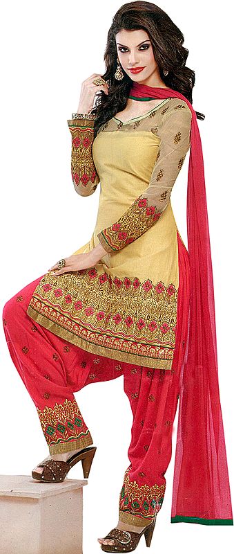 Summer-Melon and Pink Patiala Salwar Kameez Suit with Zari Embroidery and Net Sleeves