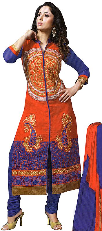 Tomato-Red and Blue Long Choodidaar Kameez Suit with Zari Embroidered Patches