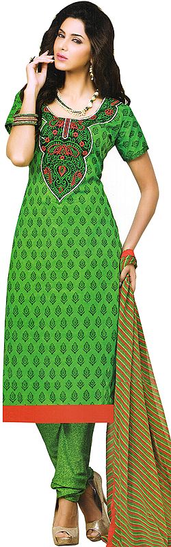 Poison-Green Choodidaar Kameez Suit with Embroidered Patch on Neck and Printed Bootis