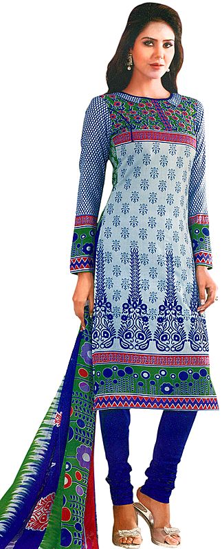 Starlight-Blue Choodidaar Kameez Suit with Printed Motifs