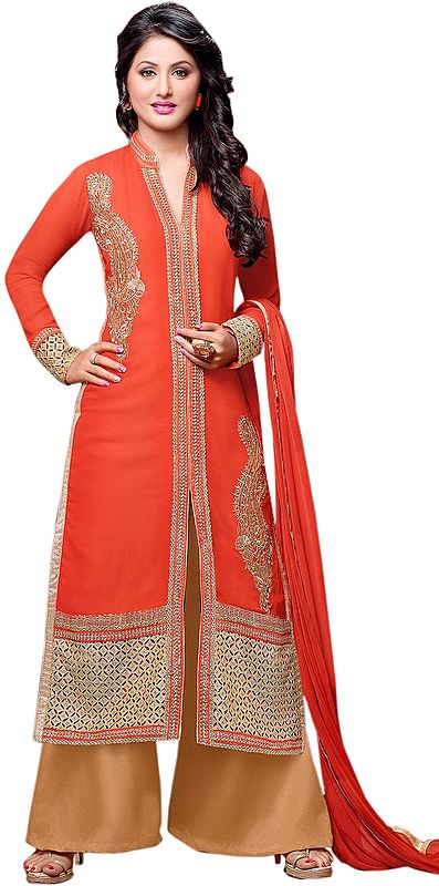 Nasturtium-Orange and Beige Parallel Salwar Suit with Embroidered Paisleys and Cut-wrok on Border