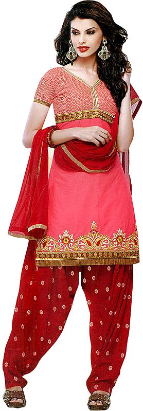 Salmon-Rose Patiala Salwar Kameez Suit with Crochet-work on Neck and Embroidered Border