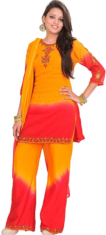 Orange and Red Parallel Salwar Suit with Embroidered Beads and Sequins