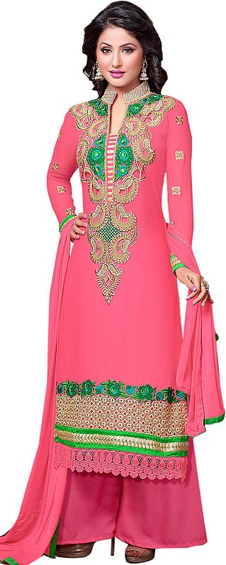 Strawberry-Pink Parallel Salwar Suit with Paisley Patch on Neck and Crochet Border