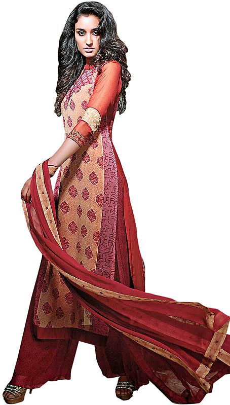 Beige and Red Printed Kameez Suit with Wide Salwar and Crystals on Neck