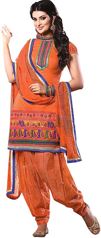 Papaya-Punch Patiala Salwar Kameez Suit with Embroidery on Border
