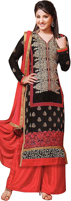 Caviar-Black and Pink Embroidered Kameez Suit with Wide Salwar