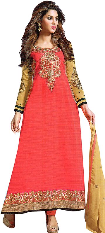 Calypso-Coral Long Choodidaar Kameez Suit with Embroidered Patch on Neck and Border