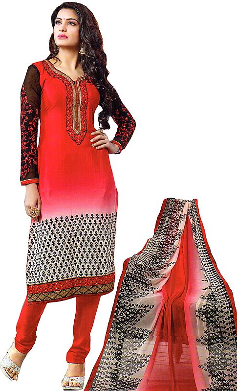 Red and Ivory Choodidaar Kameez Suit with Embroidered Patch and Printed Flowers