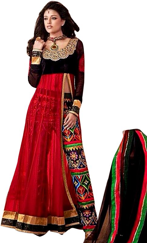 Jet-Black and Red Designer Anarkali Suit with Embroidered Parallel Salwar and Floral Patch on Neck