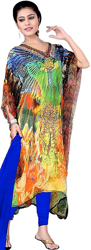 Multicolor Digital-Printed Choodidaar Kaftan Suit with Stone-work on Neck