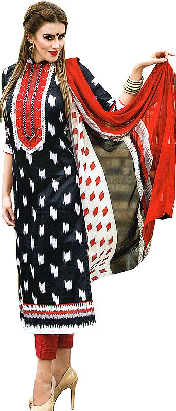 Trouser Salwar Kameez Suit with Ikat Print and Embroidered Patch on Neck