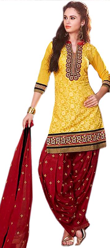 Primrose-Yellow and Red Patiala Salwar Kameez Suit with Woven Flowers and Embroidered Patches