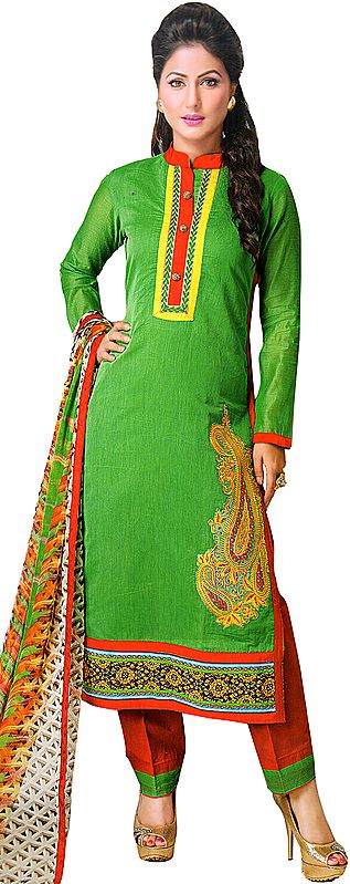 Island-Green and Red Parallel Salwar Suit with Embroidered Paisleys Patch and Printed Patch Border