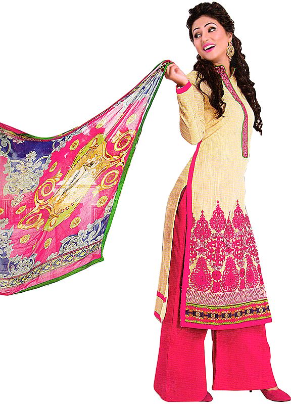 Banana-Crepe and Pink Parallel Salwar Suit with Floral Embroidery and Printed Patch Border