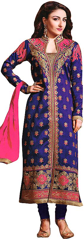 Prism-Violet Long Choodidaar Kameez Suit with Floral Zari Embroidery All-Over