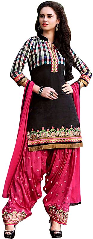 Phantom-Black and Pink Patiala Salwar Kameez Suit with Printed Checks and Embroidered Patch Border