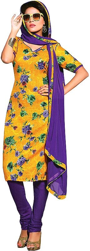 Citrus and Purple Coodidaar Kameez Suit with Digital-Printed Flowers and Chiffon Dupatta