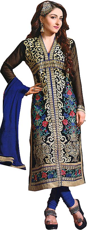 Caviar-Black and Blue Long Choodidaar Kameez Suit with Embroidered Flower Vase and Sequins