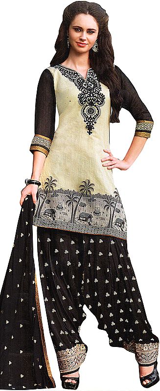Ivory and Black Patiala Salwar Kameez Suit with Embroidered Patch on Neck and Woven Border