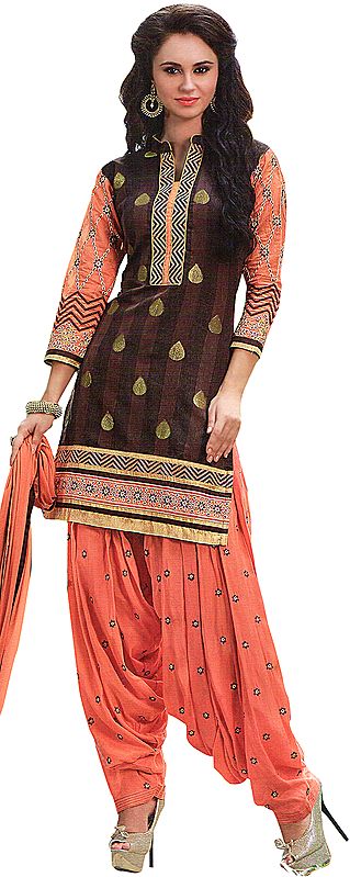 Cocoa-Brown and Coral Patiala Salwar Kameez Suit with Woven Bootis and Embroidered Patch Border