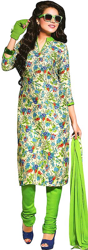 Cream and Green Choodidaar Kameez Suit with Digital-Printed Flowers All-Over