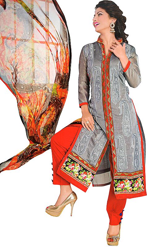 Gray and Red Parallel Salwar Suit with Self-Embroidered Paisleys and Printed Patch Border