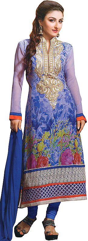 Vista-Blue Printed Choodidaar Kameez Suit with Embroidered Patch on Neck and Crochet Border