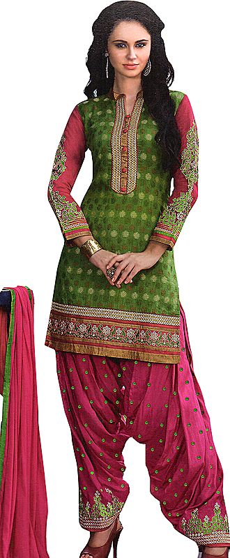 Forest-Green and Pink Embroidered Patiala Salwar Kameez Suit with Woven Bootis