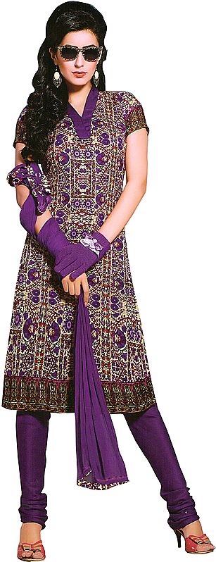 Bright-Violet Digital-Printed Choodidaar Kameez Suit