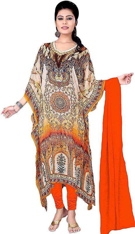 White-Swan and Orange Choodidaar Kaftan Suit with Digital-Print and Mirrors on Neck