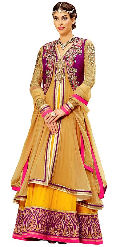 Mustard and Boysenberry Two-Piece Wedding Anarkali Suit with Floral Zari-Embroidery and Emblished Border