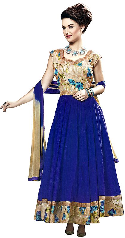 Dazzling-Blue Anarkali Suit with Printed Flowers and Gota Lace on Neck and Border