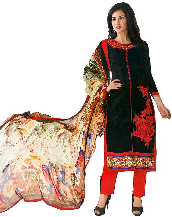 Jet-Black and Red Parallel Salwar Suit with Embroidered Flowers and Printed Patch Border