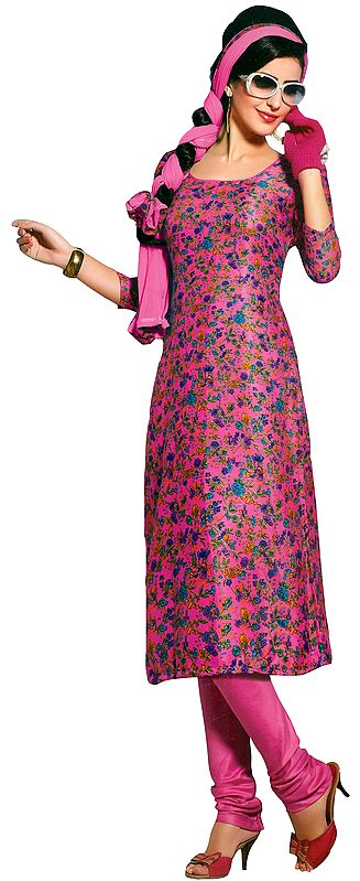 Azalea-Pink Floral Printed Coodidaar Kameez Suit