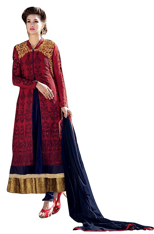Cardianl-Red and Blue Two-Piece Anarkali Suit with Thread-Embroidery and Sequined Patch Border