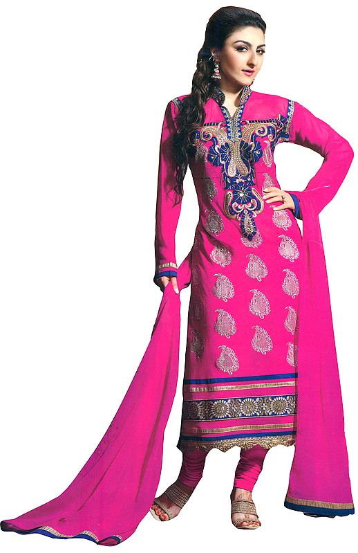Bright-Pink Long Choodidaar Kameez Suit with Zari-Embroidered Paisleys and Sequins