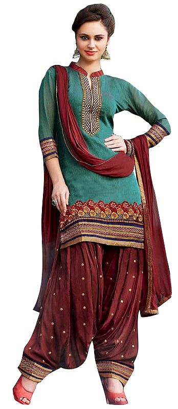 Beryl-Green and Chocolate Patiala Salwar Kameez Suit with Embroidered Floral Patch and Bootis on Salwar
