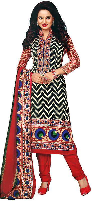 Black and Red Coodidaar Kameez Suit with Ikat Print and Floral Wide Border