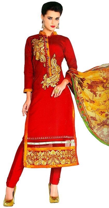 Rococco-Red Choididaar Salwar Suit with Embroidered Paisleys Patch and Digital-Printed Dupatta