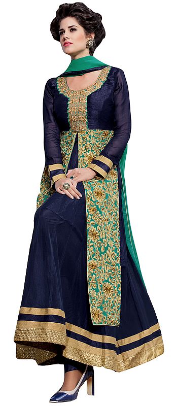 Dark-Blue and Green Designer Anarkali Suit with Zari-Embroidery and Sequined Patch Border