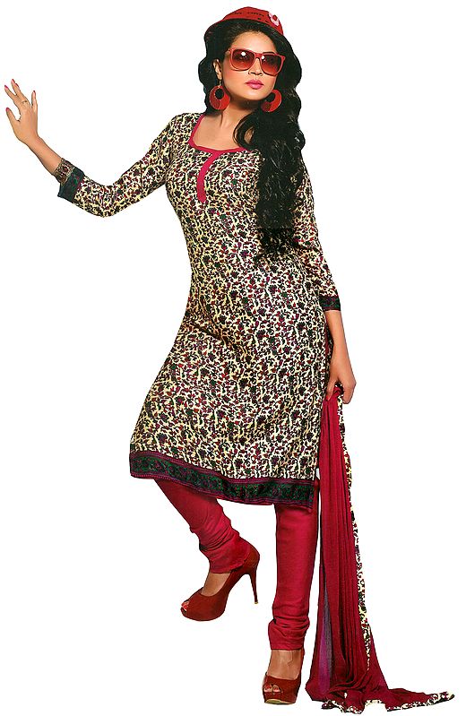 Cream and Sangria Coodidaar Kameez Suit with Printed Flowers All-Over