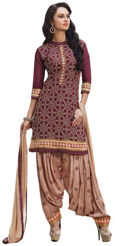 Burgundy and Beige Floral Embroidered Patiala Salwar Kameez Suit with Patch on Neck and Border