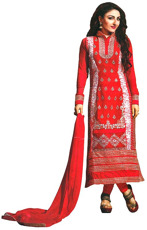 Lollipop-Red Wedding Long Choodidaar Kameez Suit with Zari Embroidery and Sequins All-Over