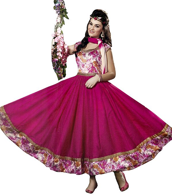 Raspberry-Rose Floral Printed Anarkali Suit with Plain Ghagra and Gota Lace