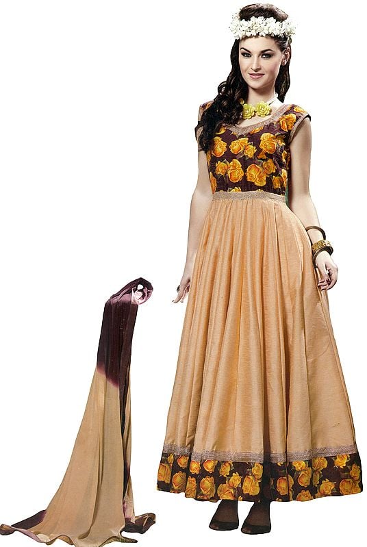 Chocolate and Cream Anarkali Suit with Printed Roses and Gota Border