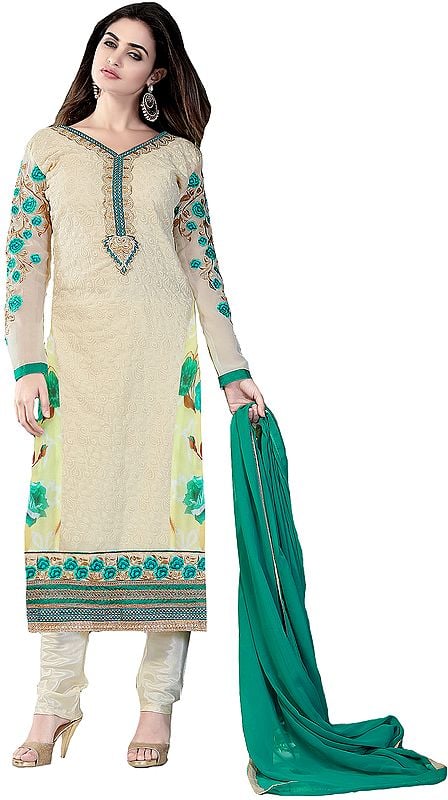 Oyster-White Self Embroidered Long Choodidaar Kameez Suit with Floral Patch Border and Digital-Print at Back