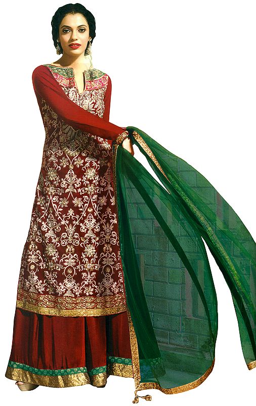Garnet-Red Embroidered Wedding Sharara Salwar Suit with Sequined Patch Border