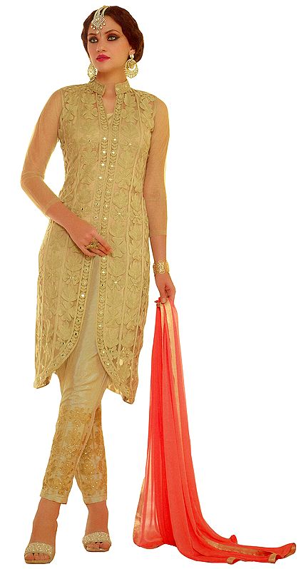 Mojave-Desert Parallel Salwar Suit with Self-Embroidered Flowers and Crystals
