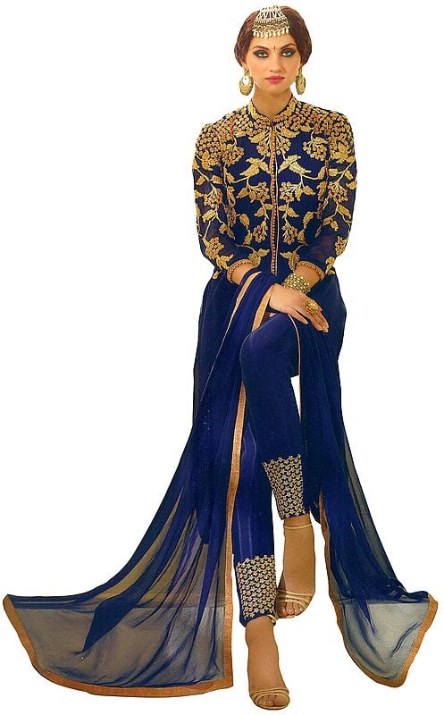 Twilight-Blue Designer Long Choodidaar Kameez Suit with Zari-Embroidery and Crystals